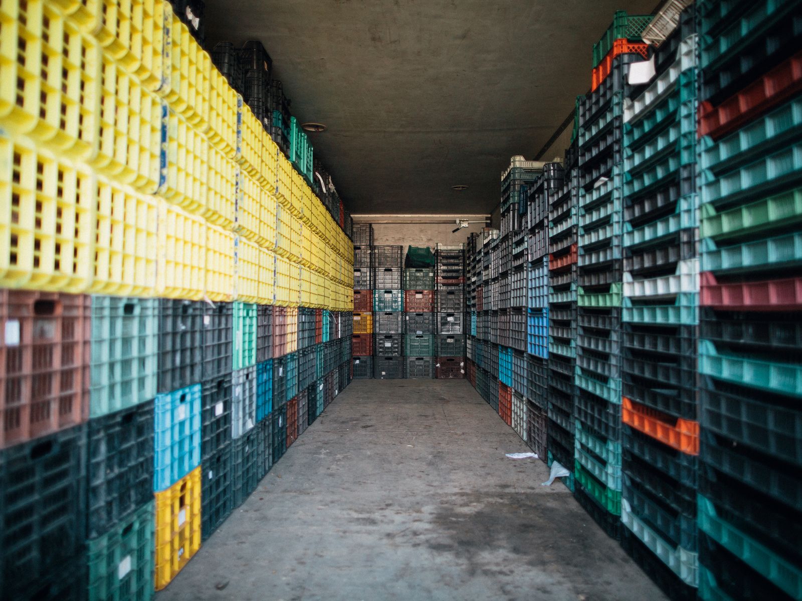 Palletised product in a refrigerated store.