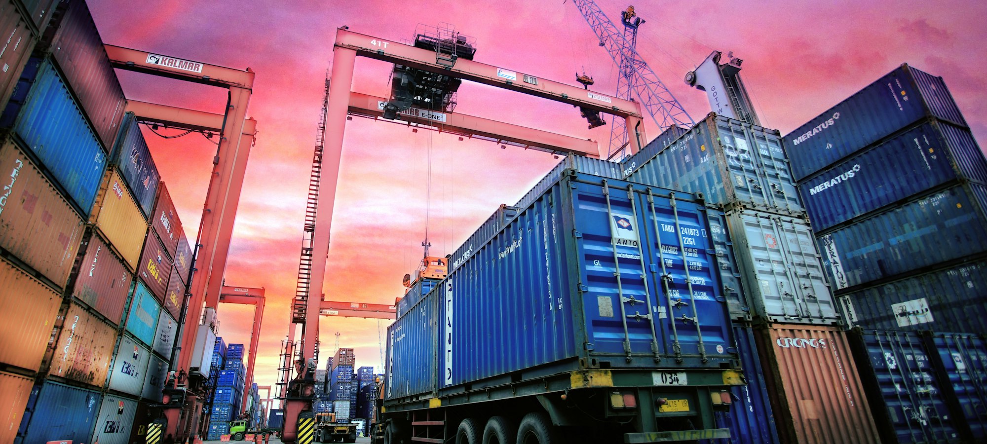 A container terminal at sunset.